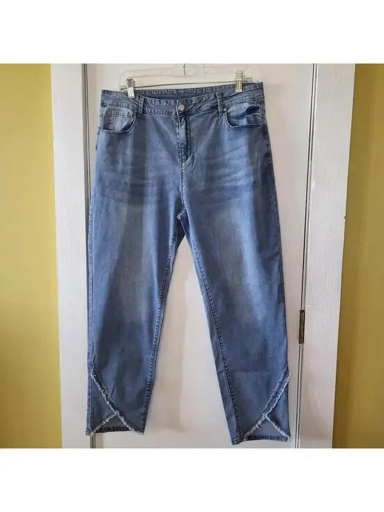 women's blue high-rise straight ankle jeans medium wash unique raw-edged hem XL - Picture 2 of 9